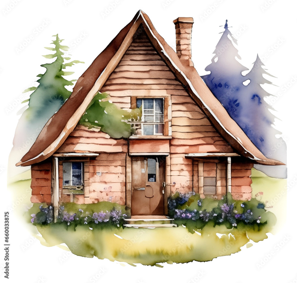 Drewniany domek chatka ilustracja - obrazy, fototapety, plakaty 