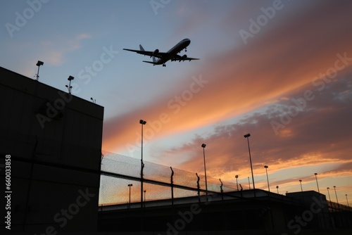 silhouette of an airplane flying over a prison