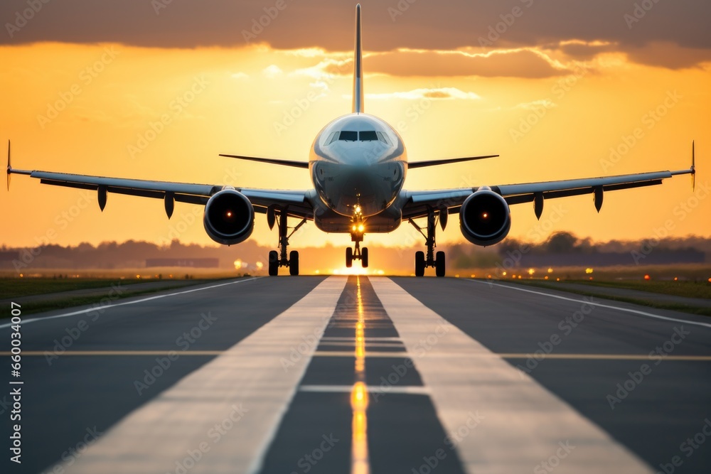 an airplane landing on a runway - obrazy, fototapety, plakaty 