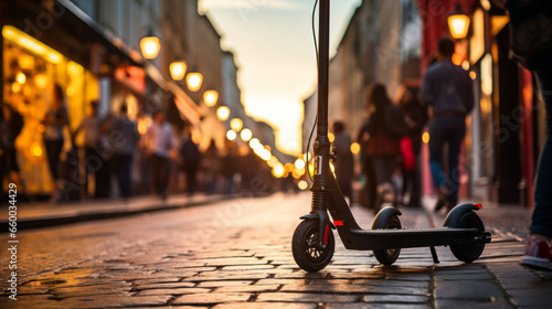 Eco-Friendly Urban Commute: Vibrant Image of Bicycles and Electric Scooters in a Bustling City Street
