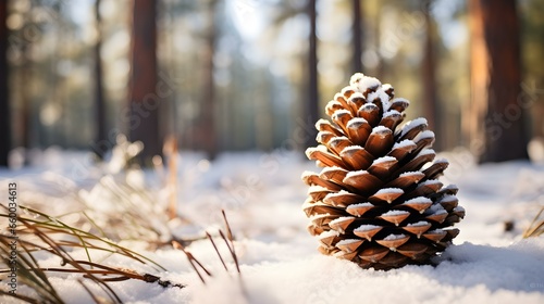 Close up of a Pine Cone in the Snow. Beautiful Winter Background photo