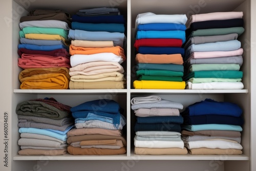 organized closet with neatly folded clothes in rows