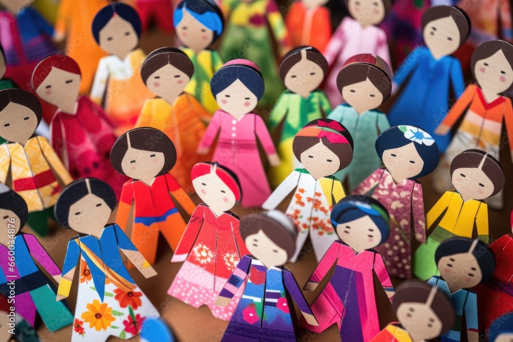 close-up of a bunch of diverse, multicolored paper dolls close-up of a bunch of diverse, multicolored paper dolls
