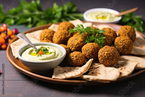 lebanese falafel balls served with hummus on a plate