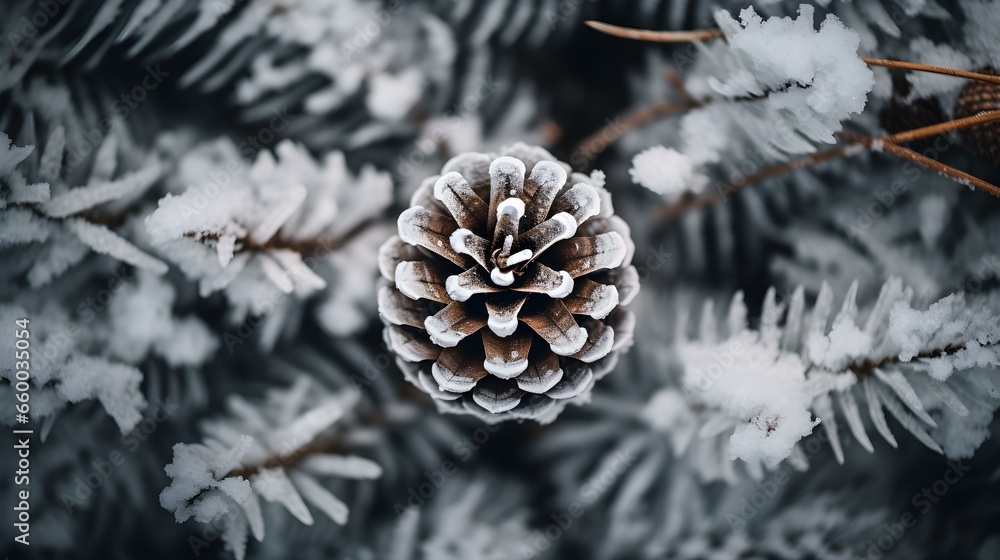 Top View of a Pine Cone in the Snow. Beautiful Winter Background Top View of a Pine Cone in the Snow. Beautiful Winter Background