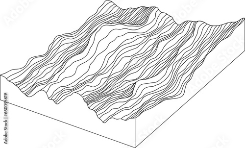 Illustration of a topographic map of the island hand drawn. Abstract concept for background. Lines and contours relief of mountains.