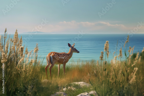 Gentle Gaze: A Deer Amidst the Wilderness,deer in the grass,deer in the wild