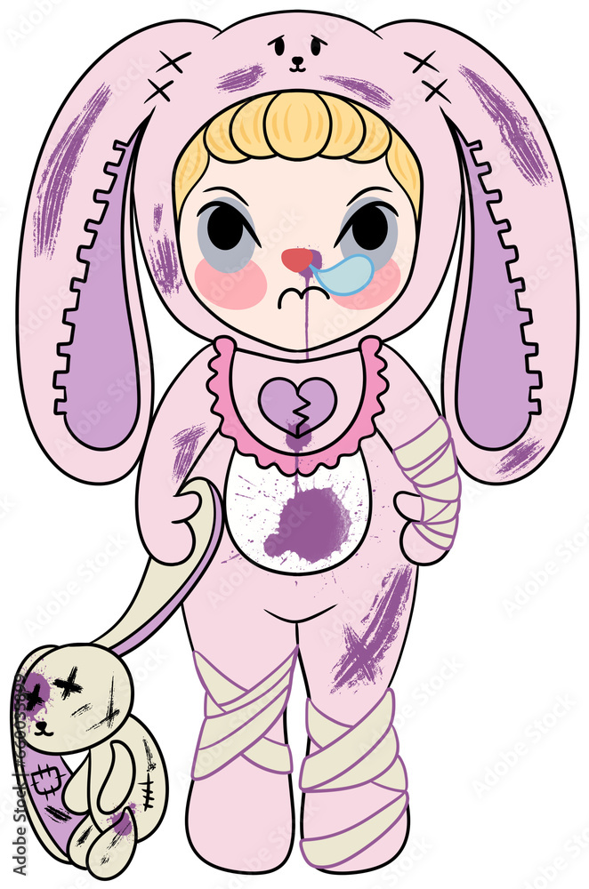 Child ghost wearing a bunny costume holding a dirty doll Child ghost wearing a bunny costume holding a dirty doll