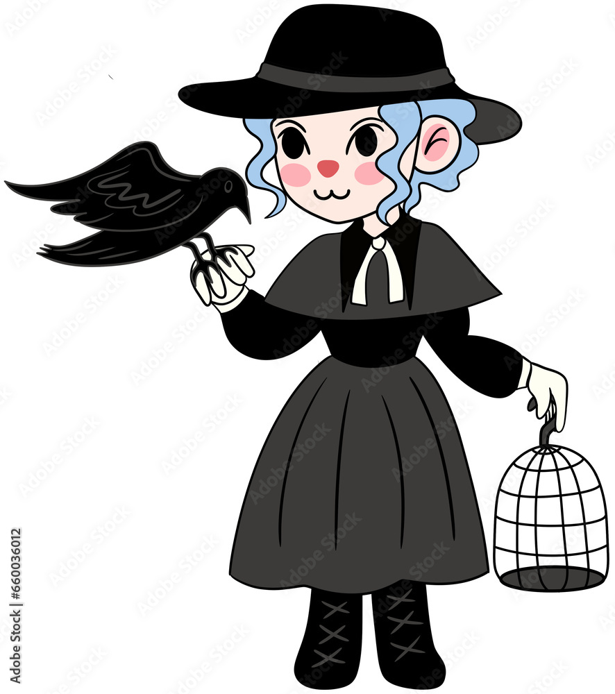 A young witch dressed in black holds a birdcage and a crow perched on her hand.