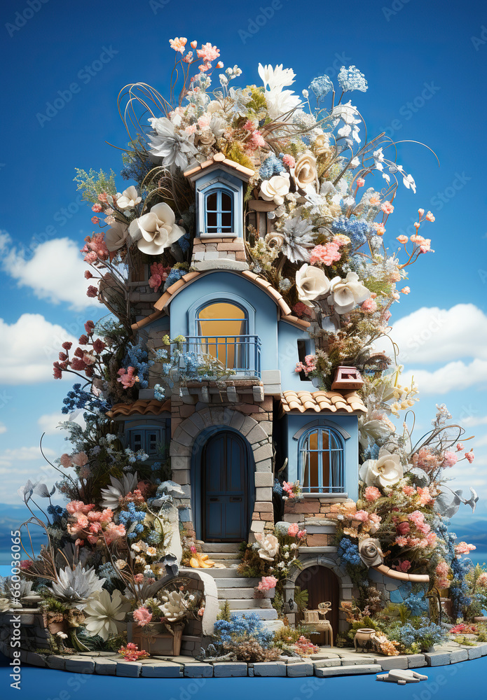 Fototapeta premium Victorian House in a Floral Wonderland,Decorative model of pocket house with flowers