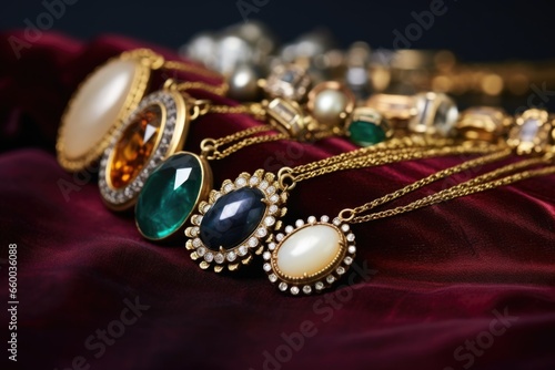 row of antique heirloom jewelry on velvet