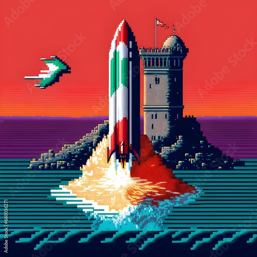 16bit pixelated rocket ship blasing off in front of italy 