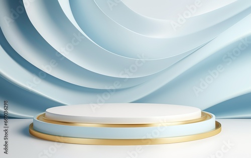 Background scene with 3D texture of wavy lines in light pastel blue and white colors with golden elements podium. Product display podium for advertising, presentation.