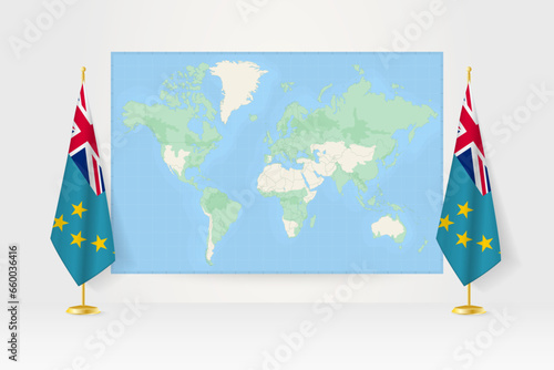 World Map between two hanging flags of Tuvalu flag stand.