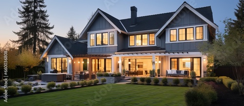 At twilight a luxurious home exterior in beautiful modern farmhouse style
