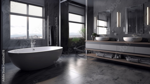 Spacious bathroom in gray tones with heated floors 2  Generative AI.