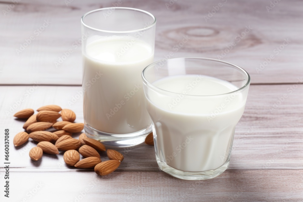 almond milk in a glass next to a glass bowl full of almonds almond milk in a glass next to a glass bowl full of almonds