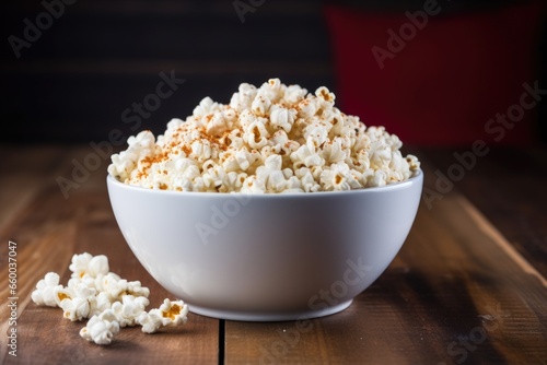air-popped popcorn in a white ceramic bowl against brick wall background