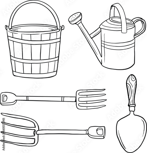 set of gardening tool. illustration, line vector set 