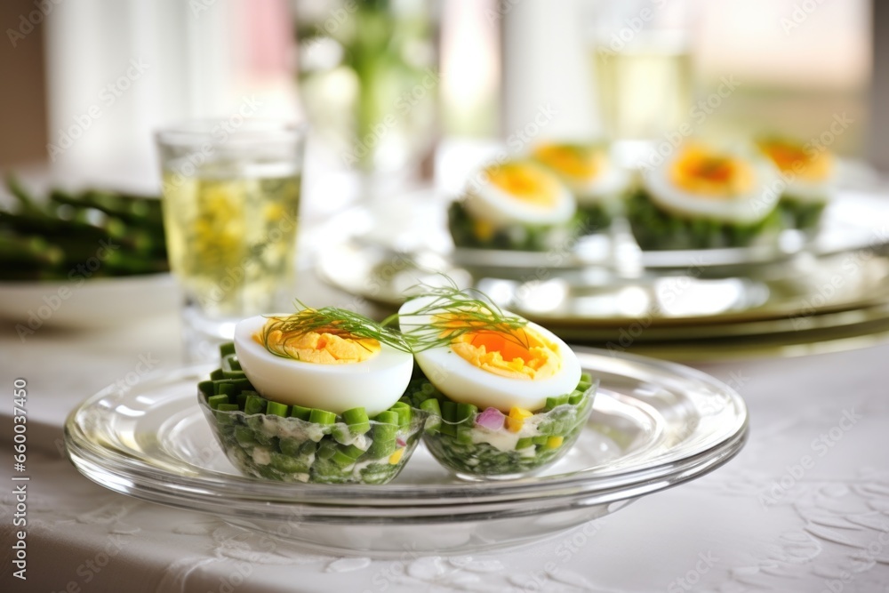 asparagus wrapped with organic quail egg salad in glass bowls asparagus wrapped with organic quail egg salad in glass bowls