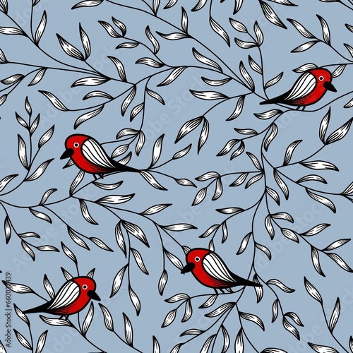 Seamless pattern of stylized red birds on branches with leaves on light blue background. For wallpapers, wrapping paper, textile, fabric, polygraphy covers and endpapers, for products packaging etc. photo