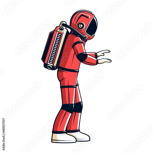 Cosmonaut in a red spacesuit - side view. Astronaut walks unsteadily. Isolated vector illustration in retro style.