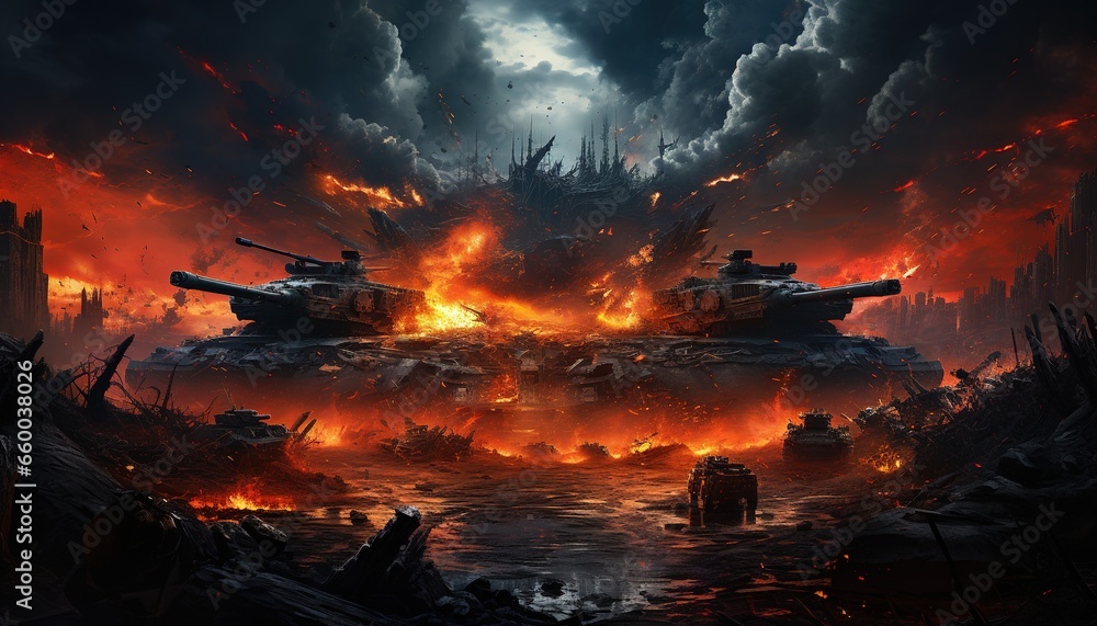 Actions on the battlefield, shooting of various military tanks. Fighters attack the tank for defensive purposes. Explosions and destruction caused by war.