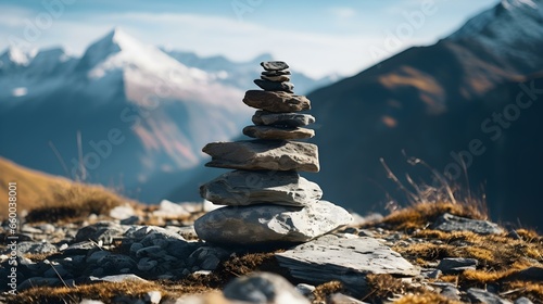 Close up of a Stone Cairn in the Mountains. Beautiful natural Background
