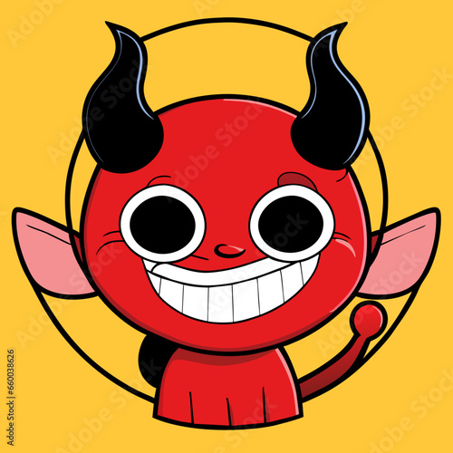 Cute red devil cartoon character is smiling.