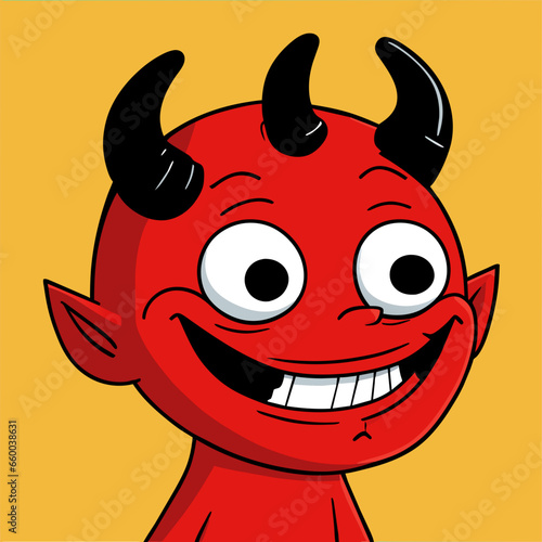 Cute red devil cartoon character is smiling.