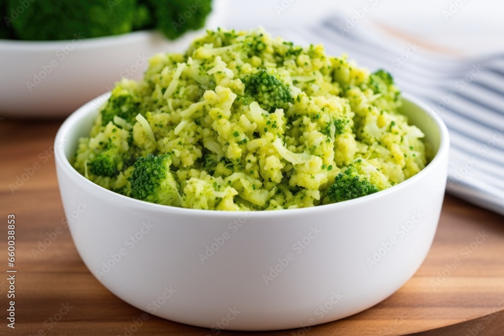broccoli rice in a minimalist white bowl on wooden table broccoli rice in a minimalist white bowl on wooden table