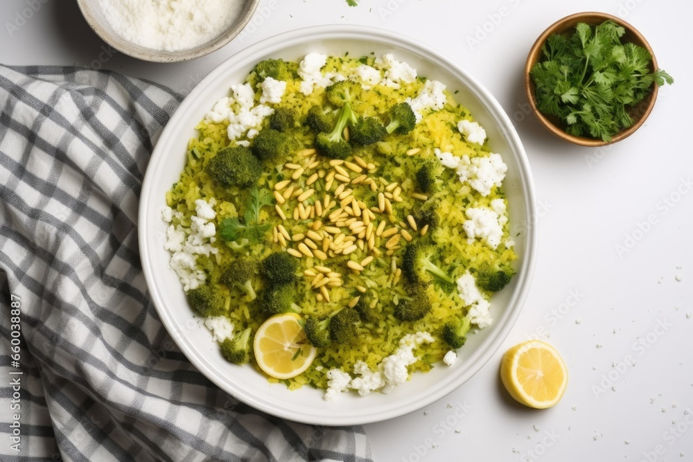 top view of a broccoli rice dish, sprinkled with feta cheese top view of a broccoli rice dish, sprinkled with feta cheese
