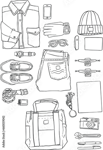 traveller equipment. illustration, line vector set 