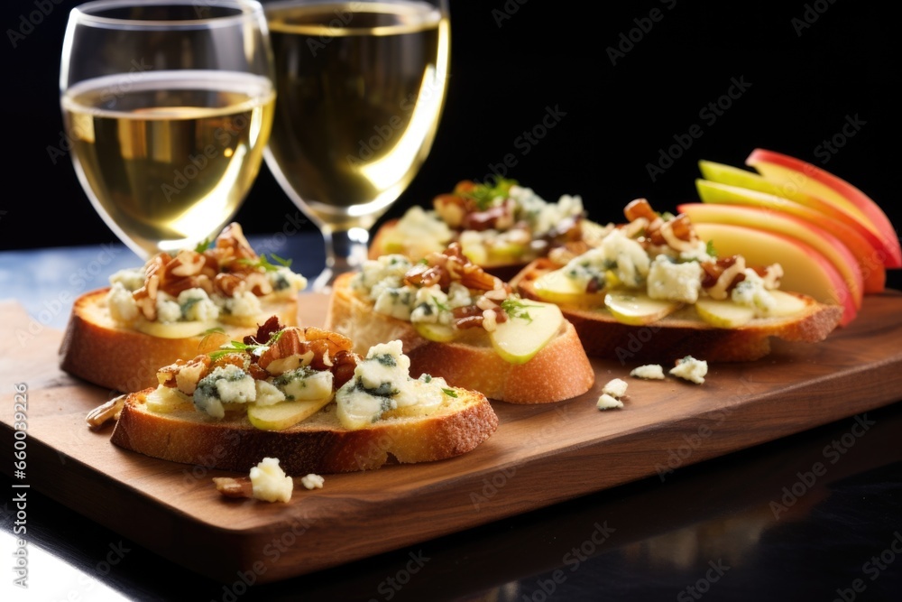 angled shot of bruschettas with apples and gorgonzola on a backlit glass tabletop