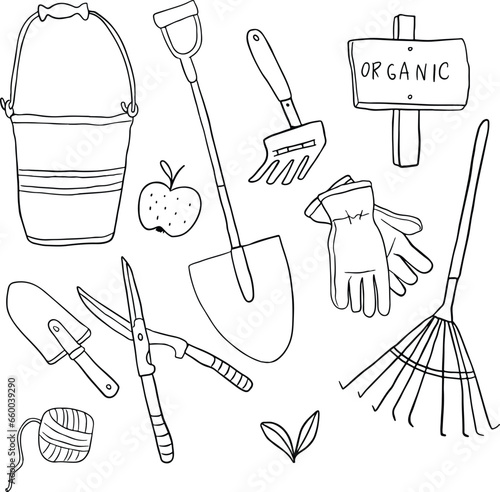 Hand drawn set of vintage isolated garden equipment tools. illustration, line vector set 