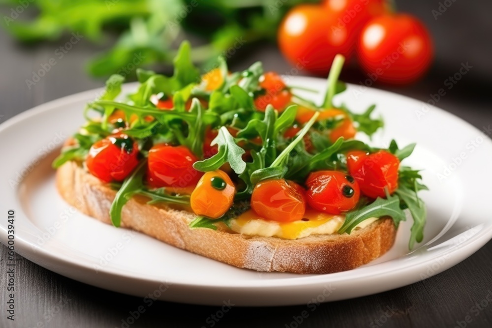 bruschetta with baby arugula, cherry tomatoes on ceramic plate