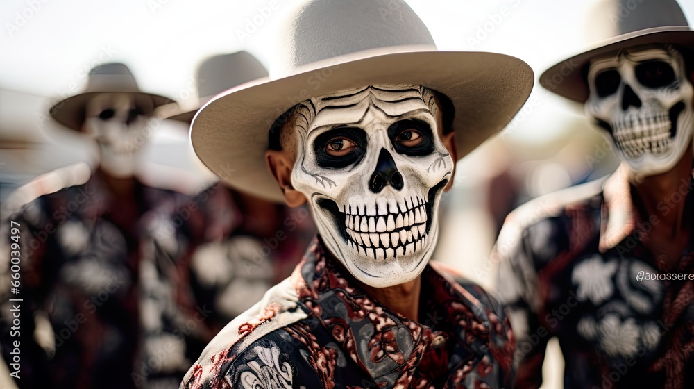 Dia de los muertos. Day of The Dead. Halloween. mexican girl with skull painted on her face on the day of the dead in mexico in the street