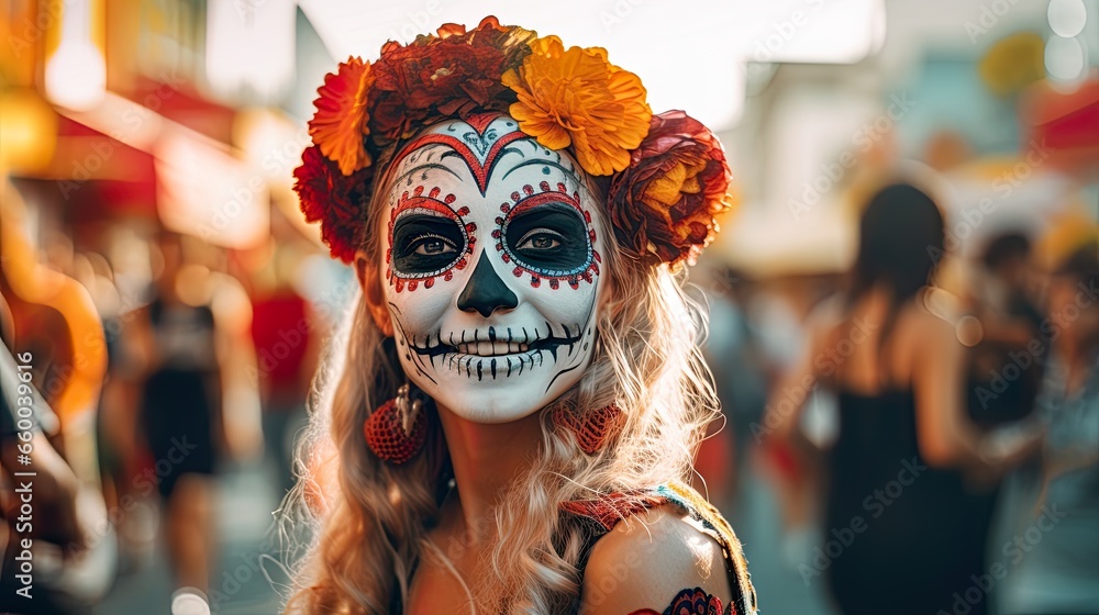 Dia de los muertos. Day of The Dead. Halloween. mexican girl with skull painted on her face on the day of the dead in mexico in the street - obrazy, fototapety, plakaty 