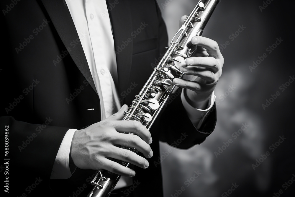 Naklejka premium A musician's hand on a saxophone-type wind instrument