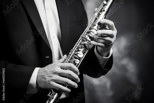 A musician's hand on a saxophone-type wind instrument
