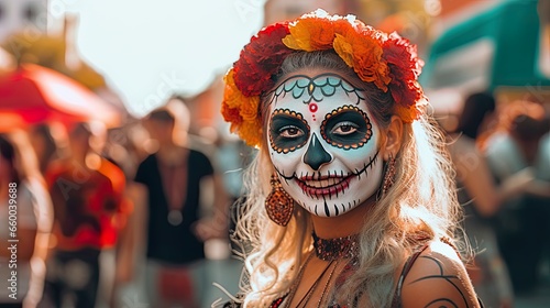 Dia de los muertos. Day of The Dead. Halloween. mexican girl with skull painted on her face on the day of the dead in mexico in the street © aporn