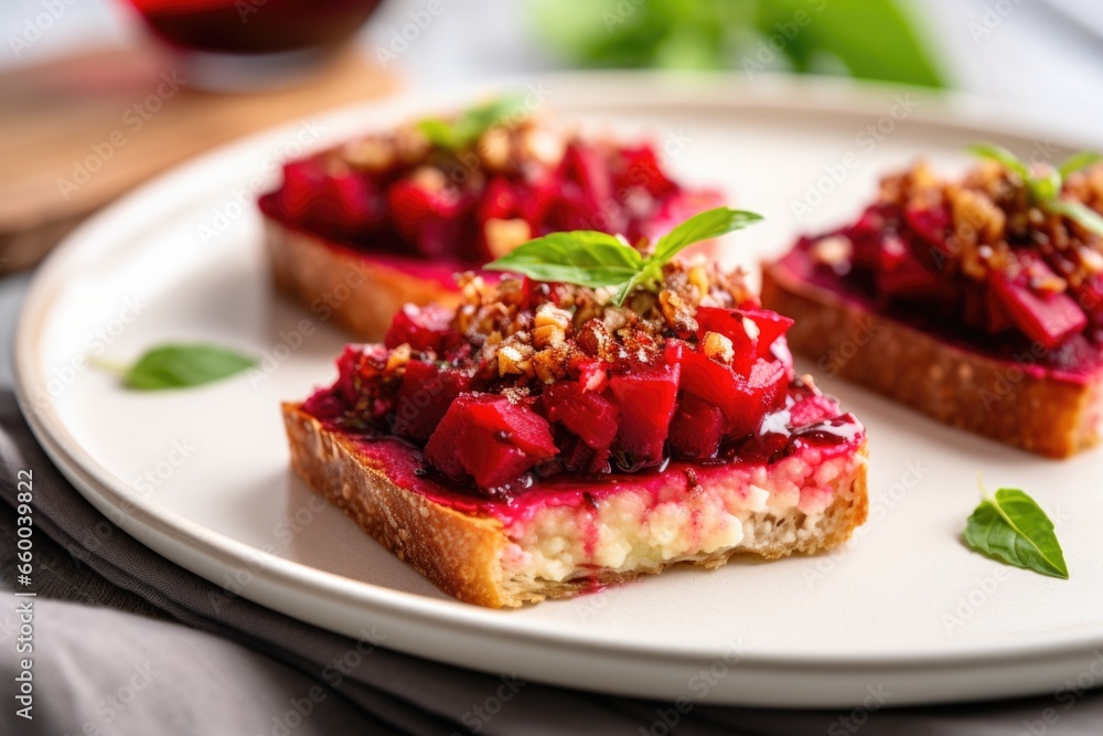 a square plate with one beetroot bruschetta in the center a square plate with one beetroot bruschetta in the center
