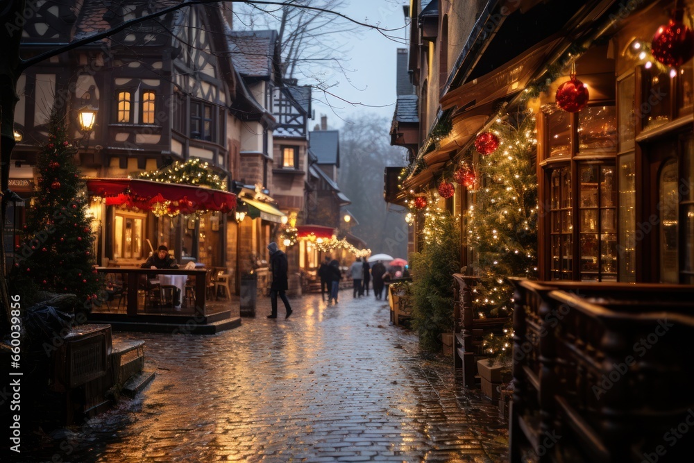 festive decorations during christmas time in small european city or town, generative ai