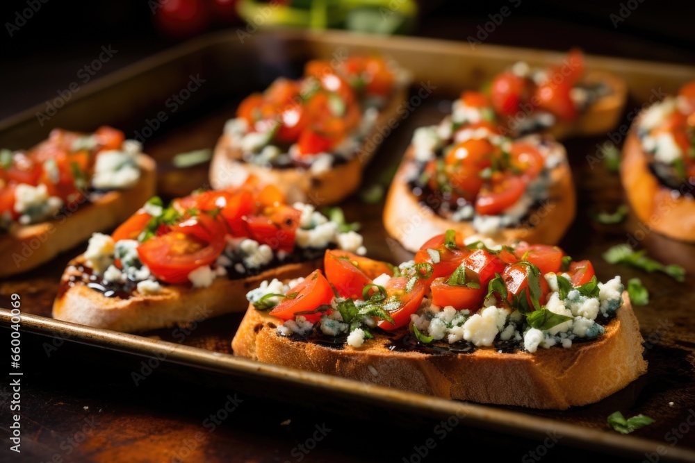 freshly baked bruschetta with blue cheese out of oven freshly baked bruschetta with blue cheese out of oven