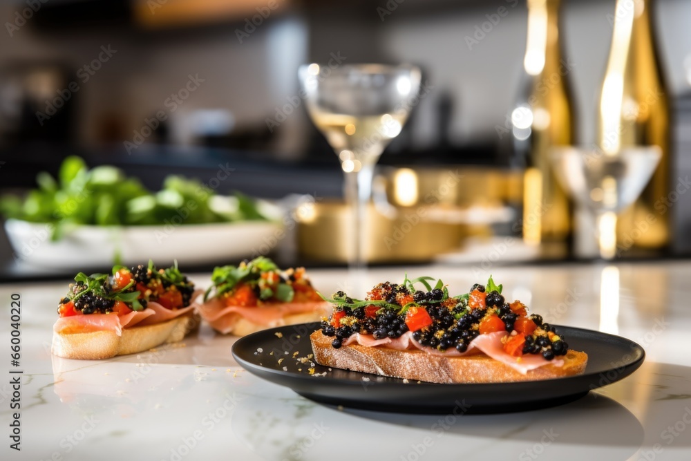kitchen counter with dish of bruschetta topped with caviar kitchen counter with dish of bruschetta topped with caviar
