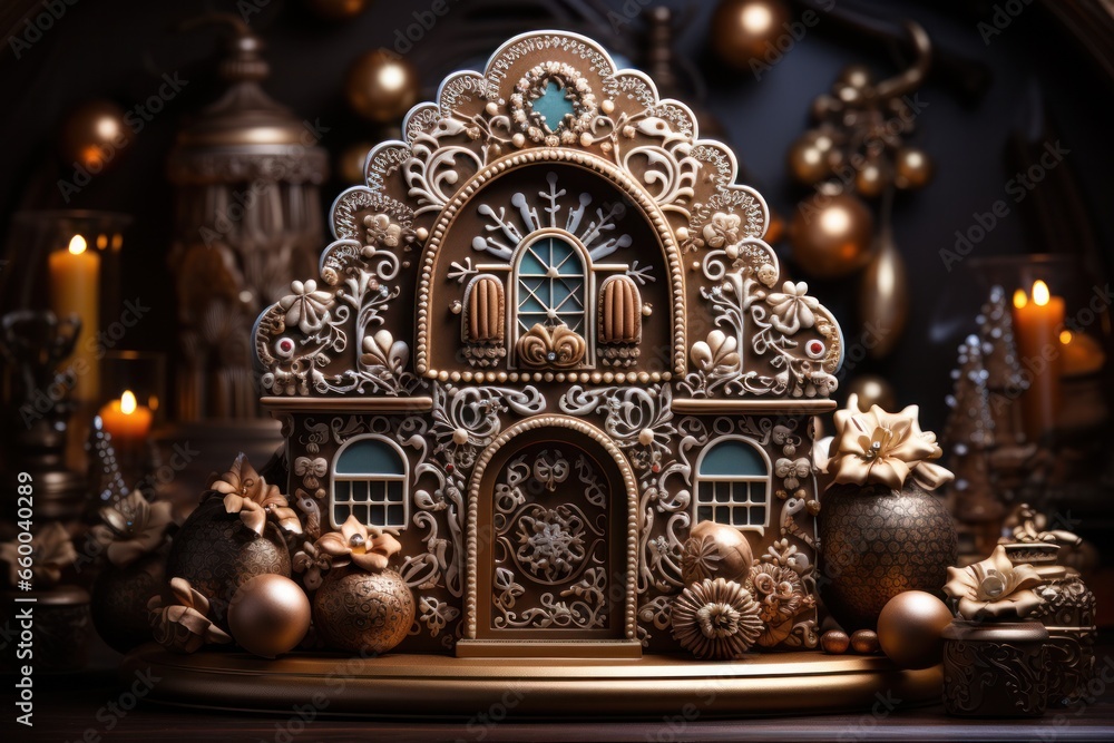 Obraz premium beautifully decorated gingerbread house to celebrate the christmas season, generative ai