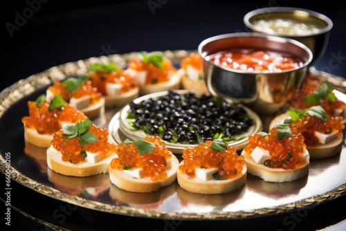 a dozen bruschetta pieces topped with caviar on a circular platter