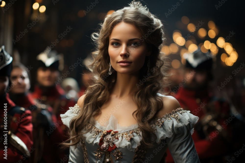 portrait of beautiful woman in old baroque dress during christmas season at the theater, generative ai portrait of beautiful woman in old baroque dress during christmas season at the theater, generative ai