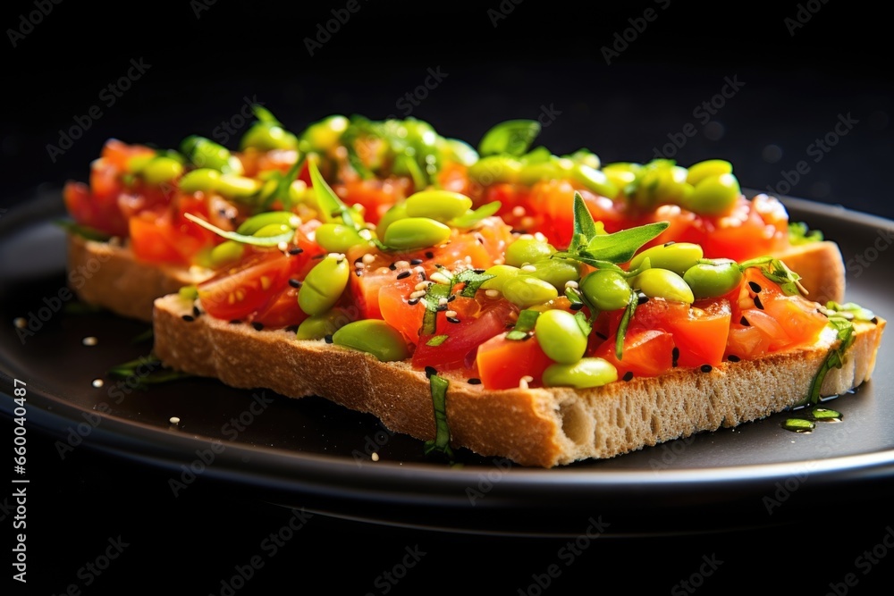 glass plate of bruschetta, topped with edamame and garlic