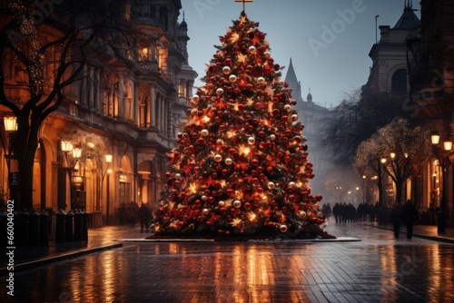 festive decorations during christmas time in small european city or town, generative ai